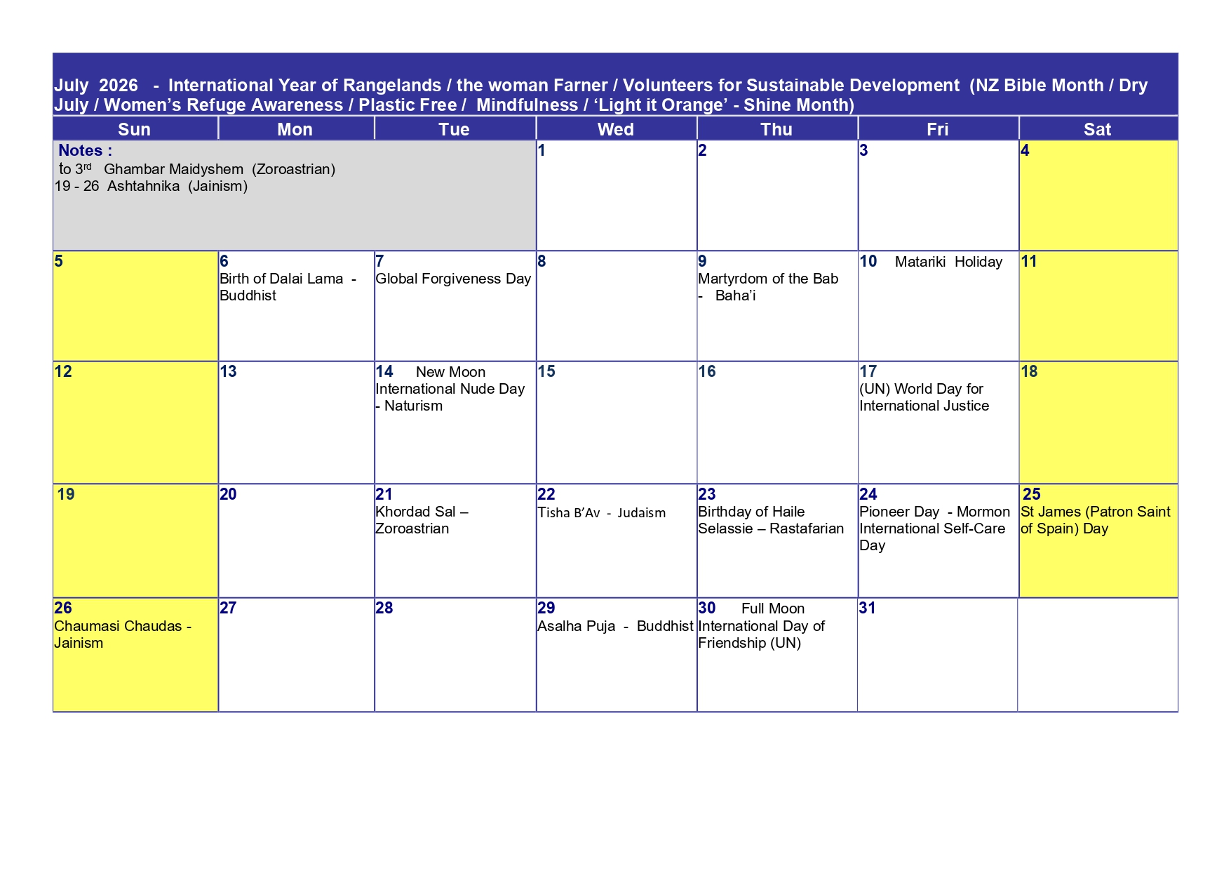 Read more about the article Religious Celebrations – July 2026 Calendar
