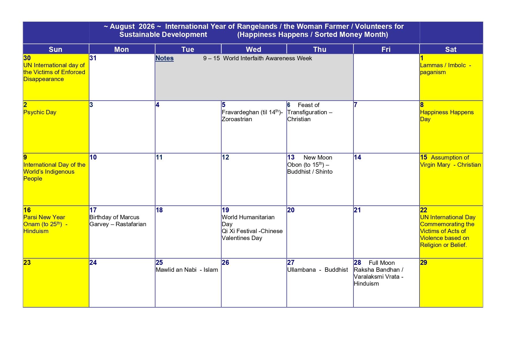 Read more about the article Religious Celebrations – August 2026 Calendar