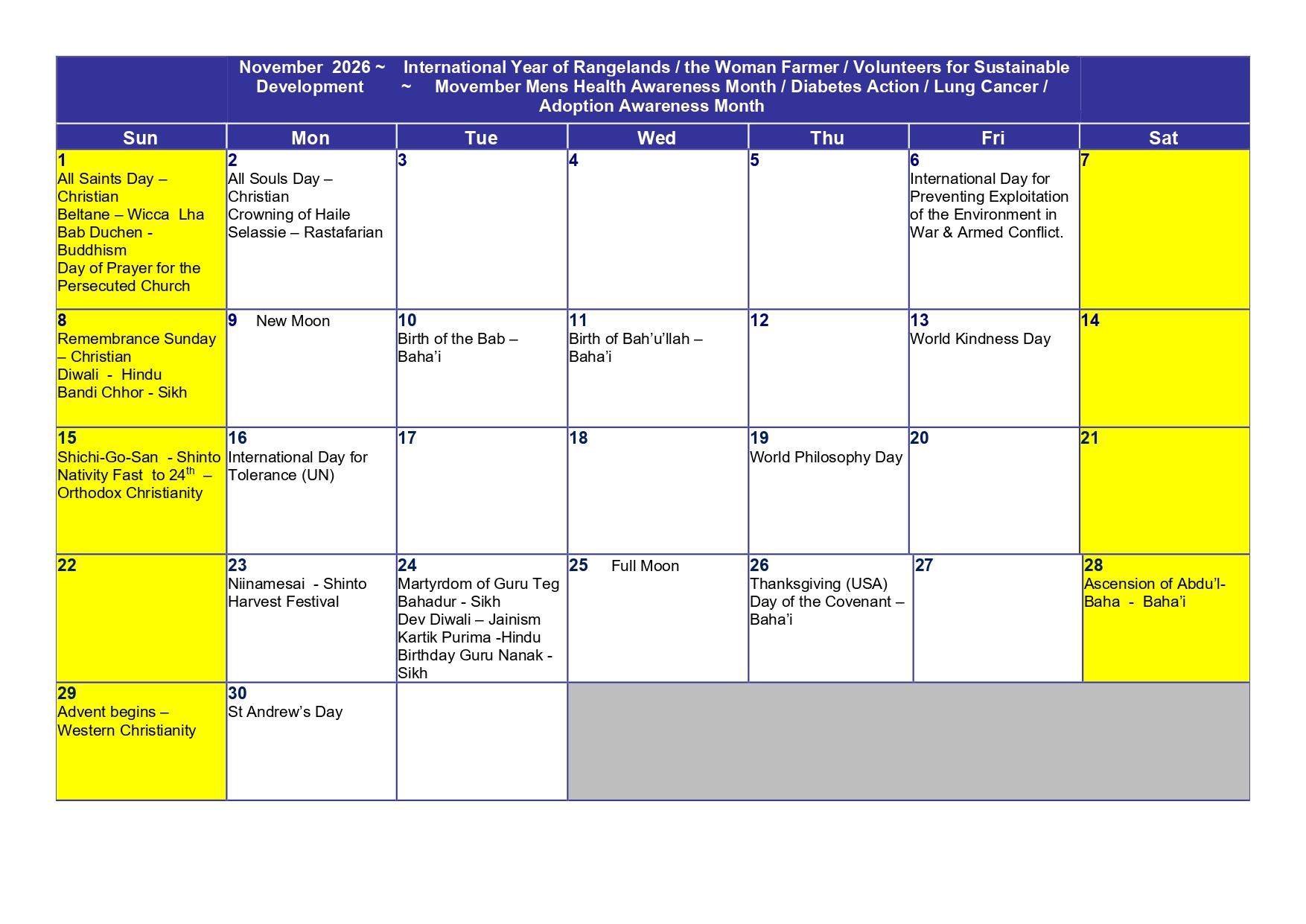 Read more about the article Religious Celebrations – November 2026 Calendar